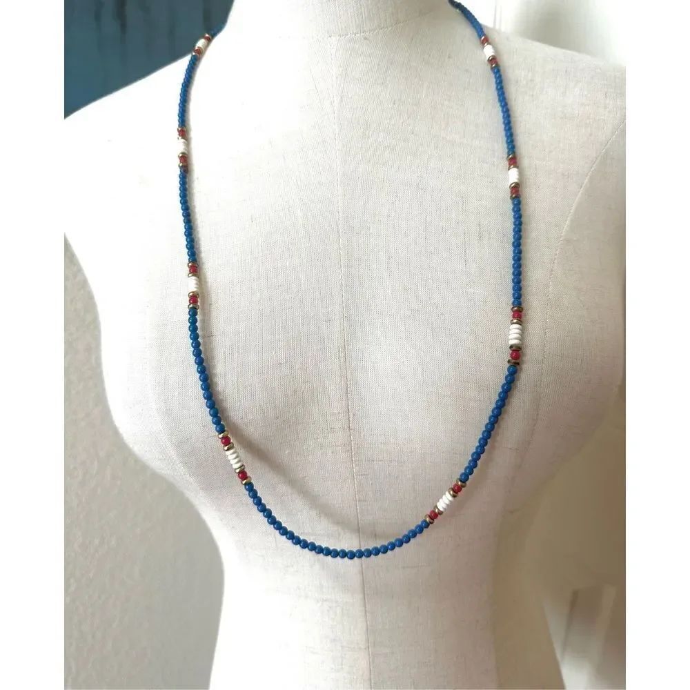 Monet vintage red white and blue long beaded necklace